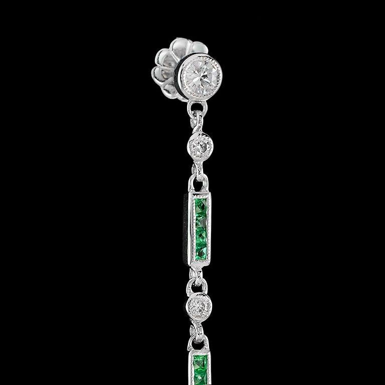Art Deco Style Diamond Drop Earrings with Emeralds and Black Enamel