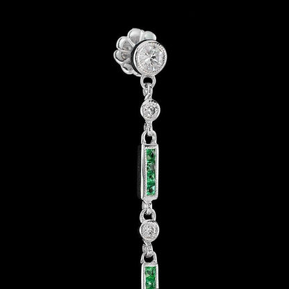 Art Deco Style Diamond Drop Earrings with Emeralds and Black Enamel