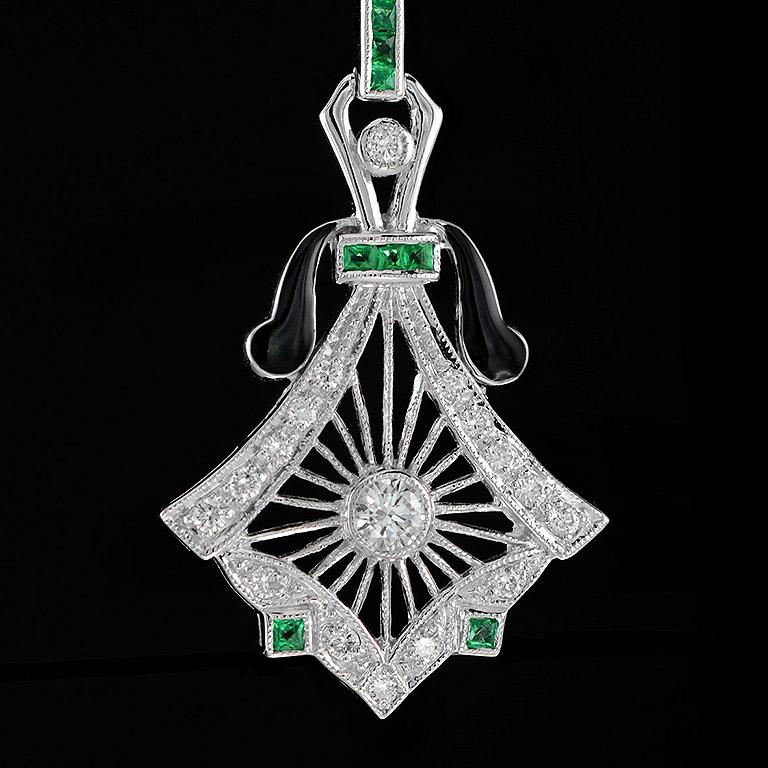 Art Deco Style Diamond Drop Earrings with Emeralds and Black Enamel