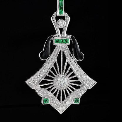 Art Deco Style Diamond Drop Earrings with Emeralds and Black Enamel