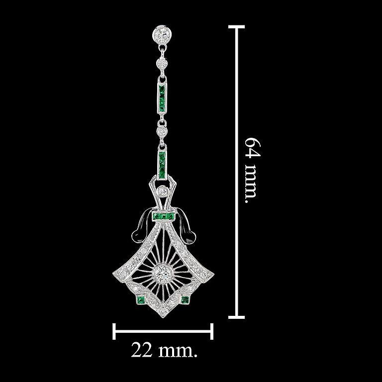 Art Deco Style Diamond Drop Earrings with Emeralds and Black Enamel