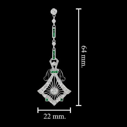 Art Deco Style Diamond Drop Earrings with Emeralds and Black Enamel