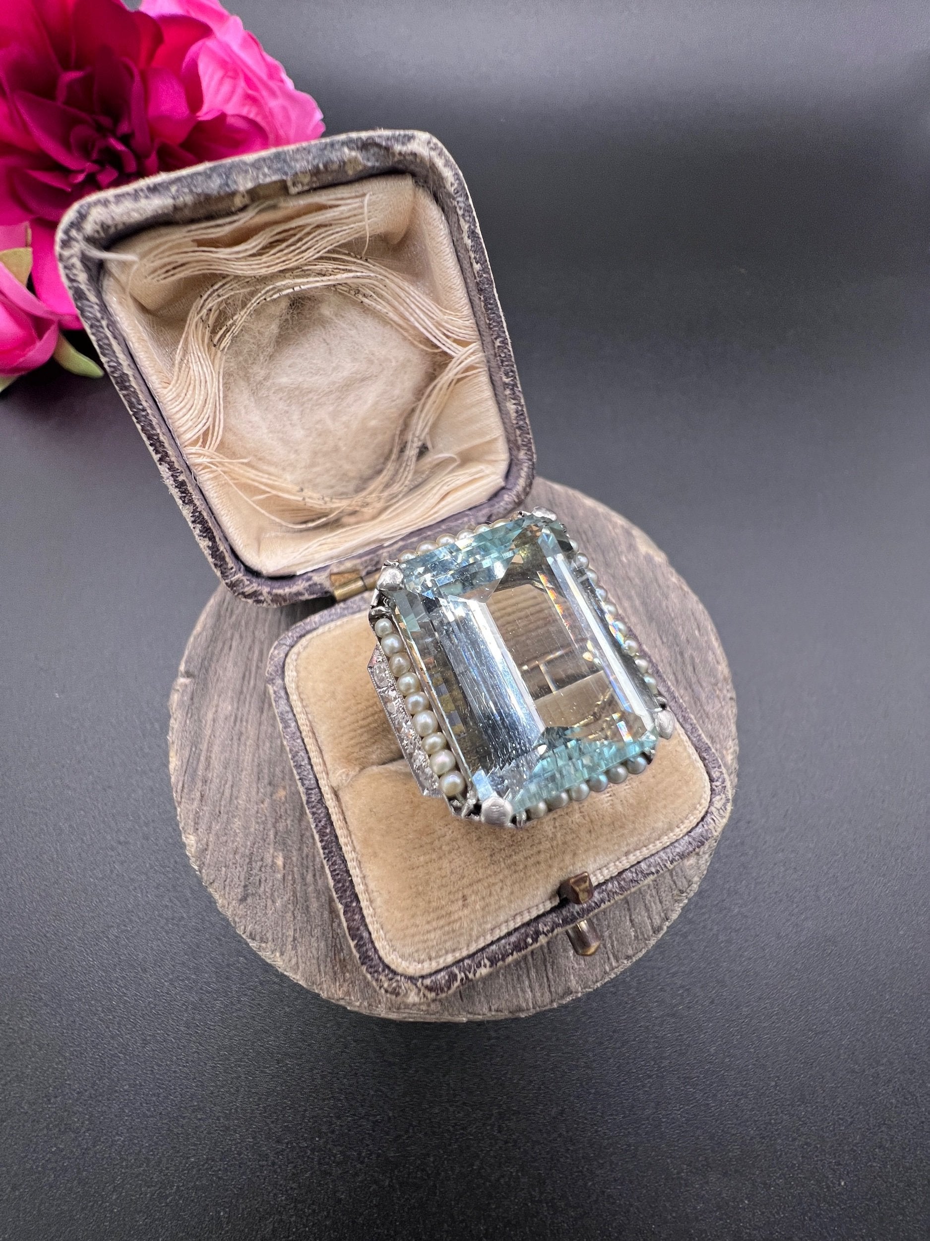 An aquamarine, pearl and diamond large cocktail ring in yellow gold and platinum, in a ring box