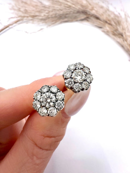 A pair of diamond daisy cluster stud earrings in yellow and white gold, held in a hand
