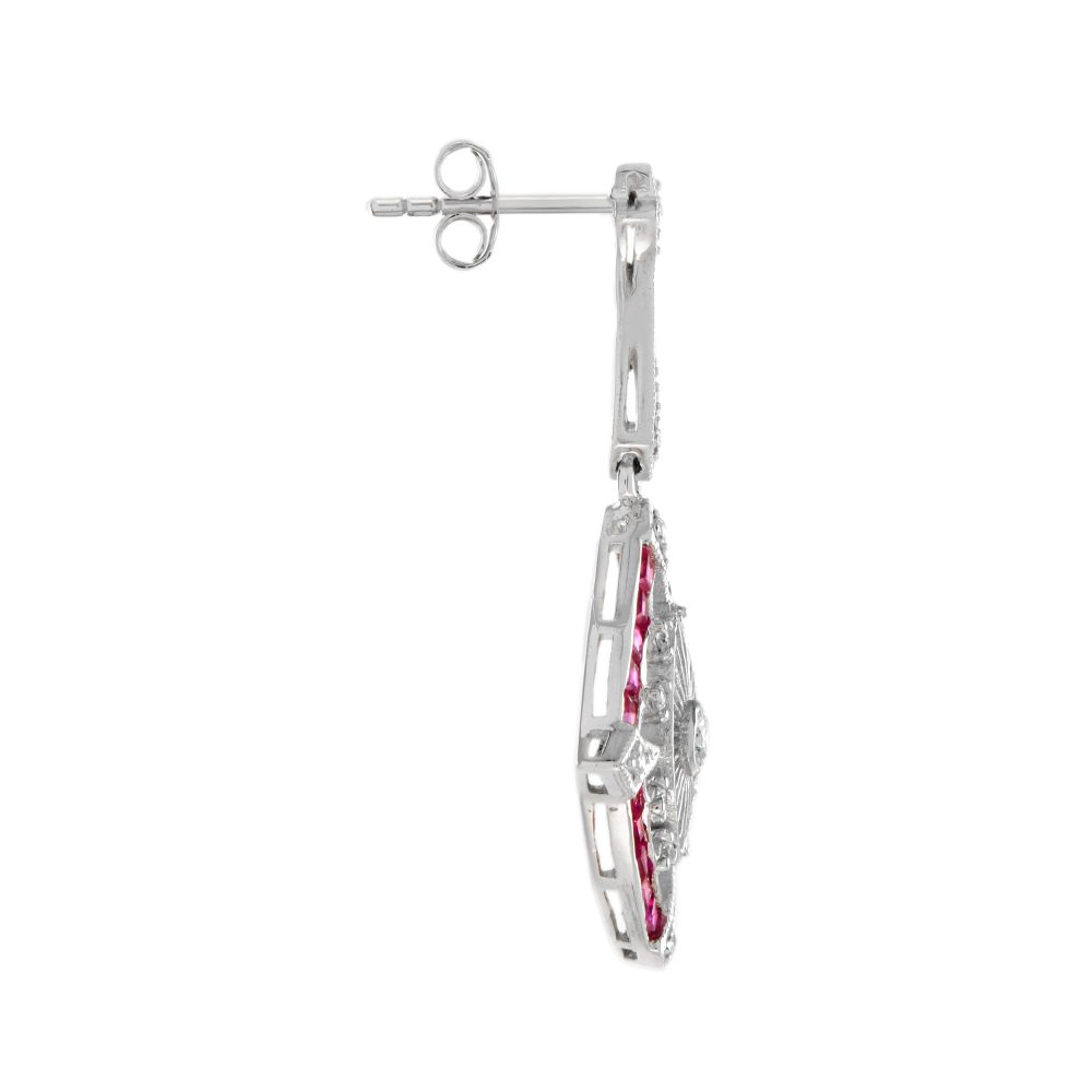 Ruby and Diamond Navette Cluster Drop Earrings