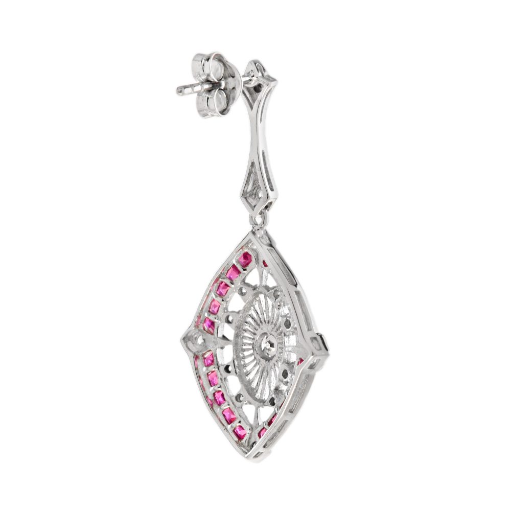 Ruby and Diamond Navette Cluster Drop Earrings