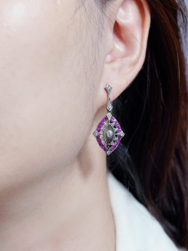 Ruby and Diamond Navette Cluster Drop Earrings