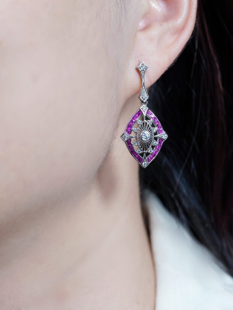 Ruby and Diamond Navette Cluster Drop Earrings