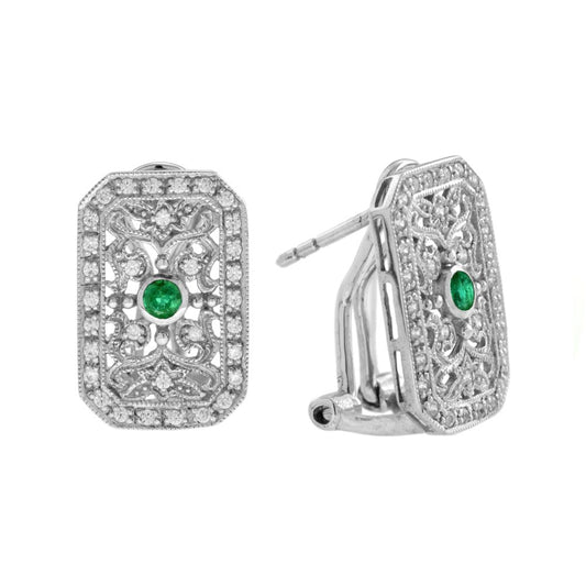 Emerald and Diamond Filigree Cluster Earrings