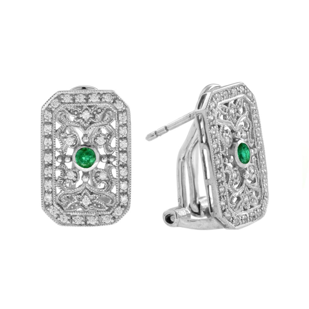 Emerald and Diamond Filigree Cluster Earrings
