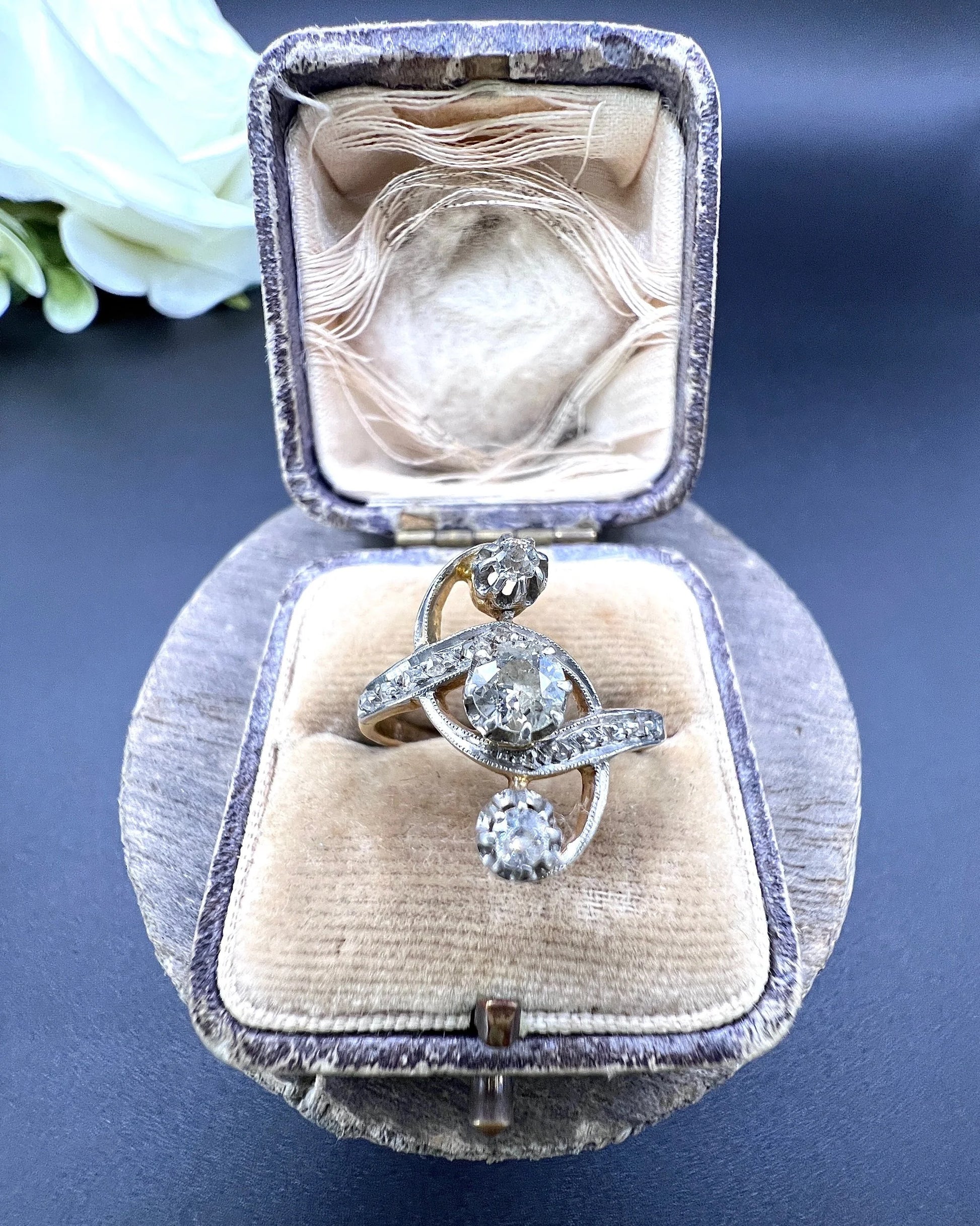 Antique 18 ct Gold And Platinum, 3 Stone Diamond Belle Époque Ring