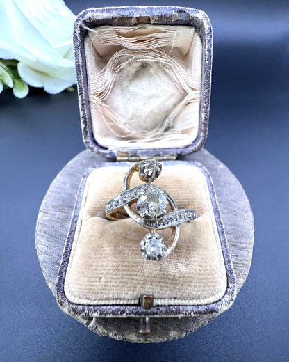 Antique 18 ct Gold And Platinum, 3 Stone Diamond Belle Époque Ring