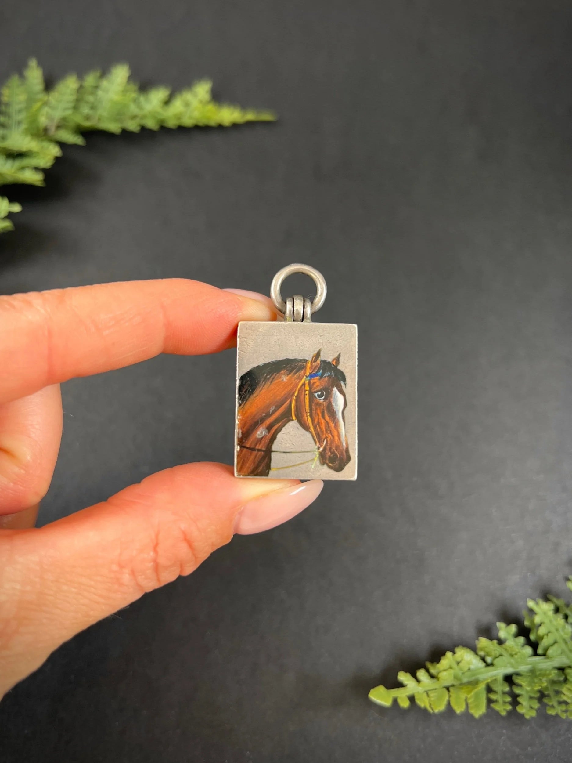 Antique French Silver, Edwardian Era Rectangular Enamel Horse Locket/Pendant, Heirloom Gift
