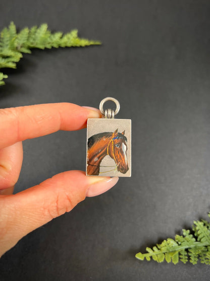 Antique French Silver, Edwardian Era Rectangular Enamel Horse Locket/Pendant, Heirloom Gift