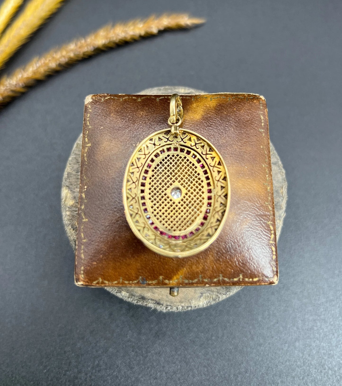 Vintage 18 Carat Gold Stamped Ruby And Diamond Oval Pendant