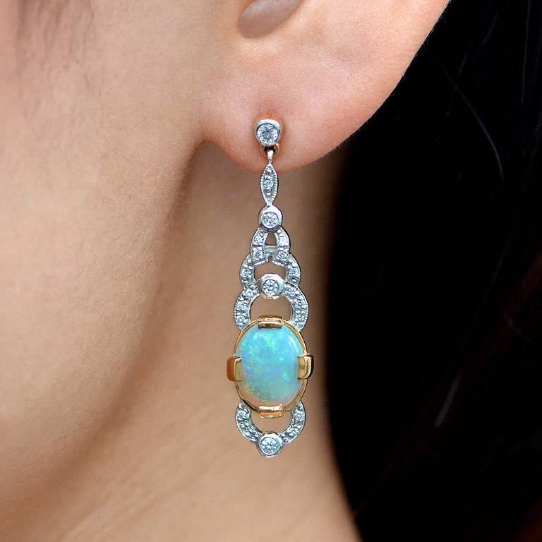 Art Deco Style 3.80ct Opal and Diamond Drop Earrings