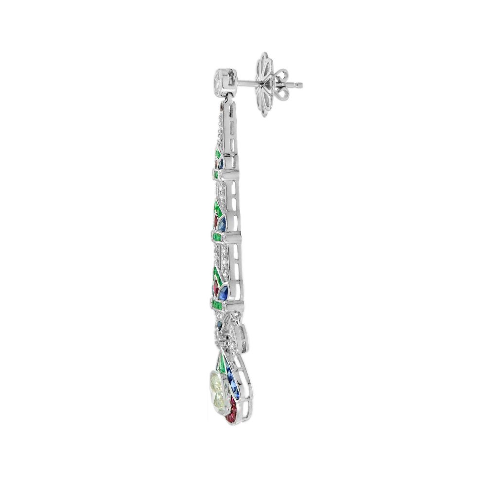 GIA Certified 2.03ct Diamond Emerald Ruby and Sapphire Drop Earrings