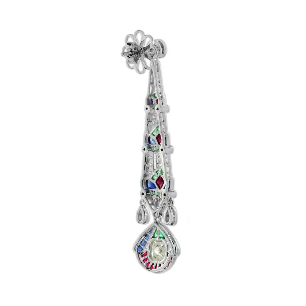 GIA Certified 2.03ct Diamond Emerald Ruby and Sapphire Drop Earrings