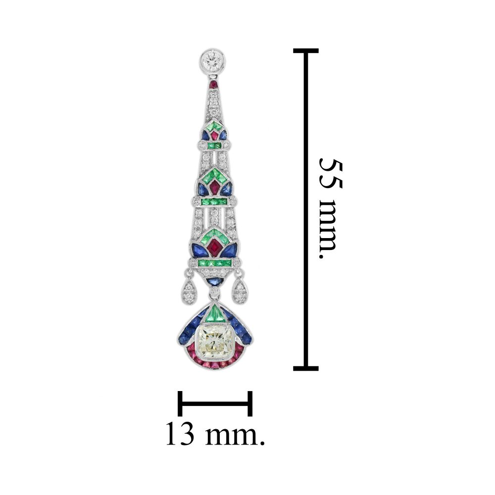 GIA Certified 2.03ct Diamond Emerald Ruby and Sapphire Drop Earrings