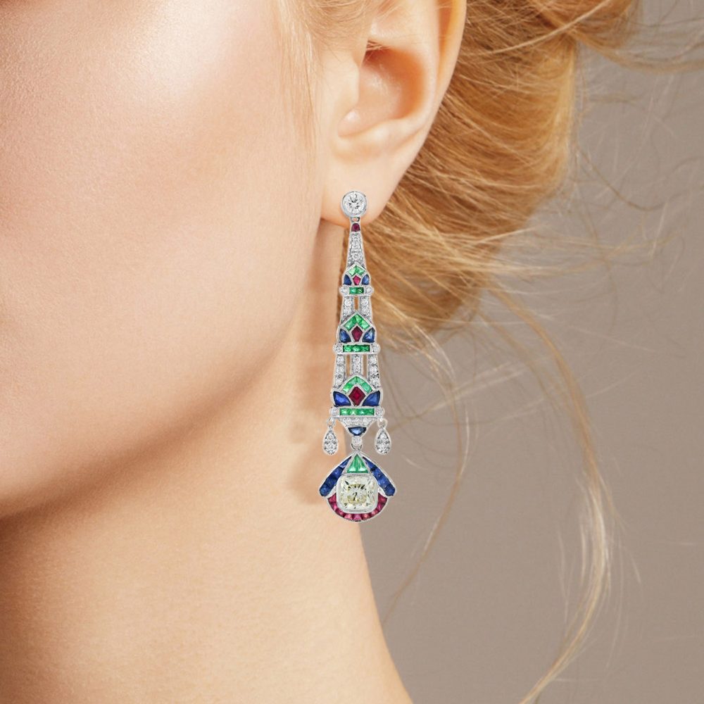 GIA Certified 2.03ct Diamond Emerald Ruby and Sapphire Drop Earrings