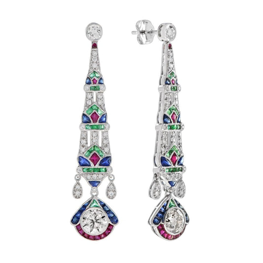 Fine Pair of Art Deco Style Diamond Emerald Ruby and Sapphire Drop Earrings; featuring brilliant-cut diamonds surrounded by mixed cut sapphires, rubies, emeralds and diamonds in 18ct white gold