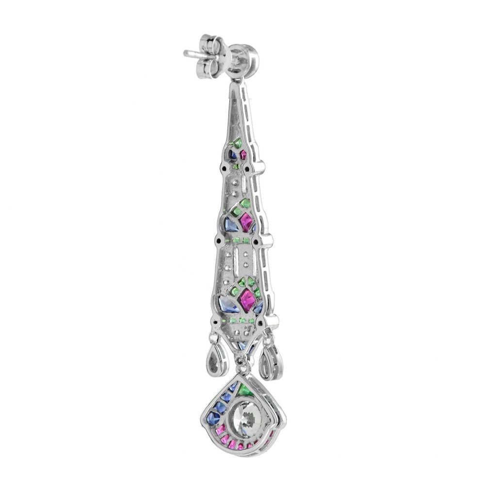 Fine Pair of Art Deco Style Diamond Emerald Ruby and Sapphire Drop Earrings