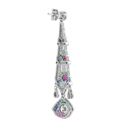 Fine Pair of Art Deco Style Diamond Emerald Ruby and Sapphire Drop Earrings