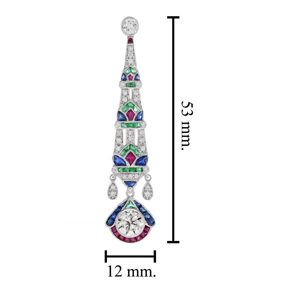 Fine Pair of Art Deco Style Diamond Emerald Ruby and Sapphire Drop Earrings