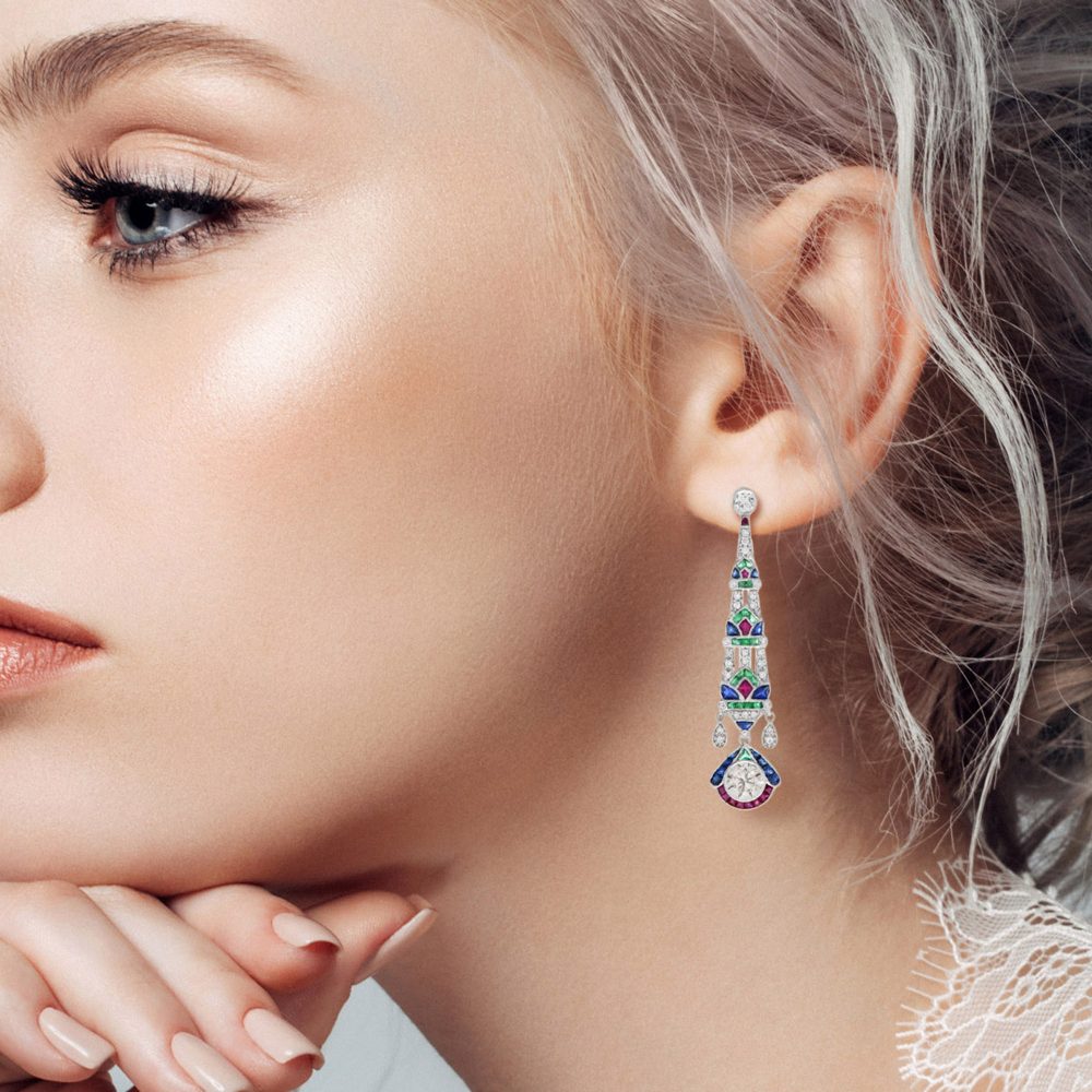 Fine Pair of Art Deco Style Diamond Emerald Ruby and Sapphire Drop Earrings