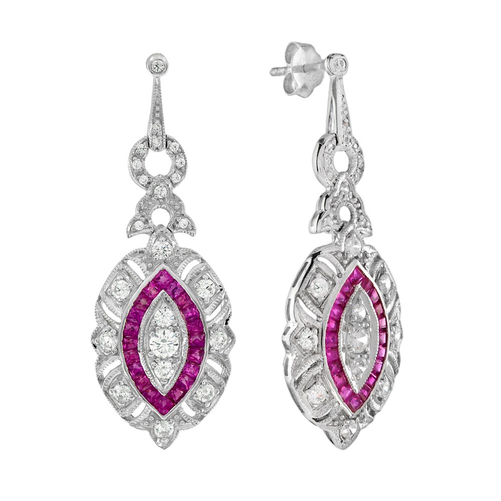 Art Deco Style Ruby and Diamond Cluster Drop Earrings