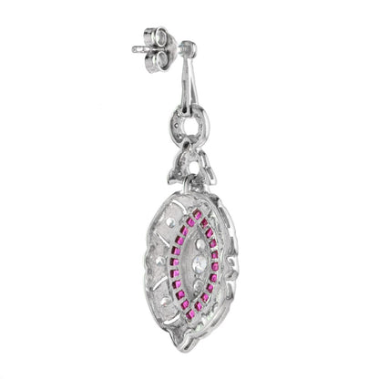 Art Deco Style Ruby and Diamond Cluster Drop Earrings
