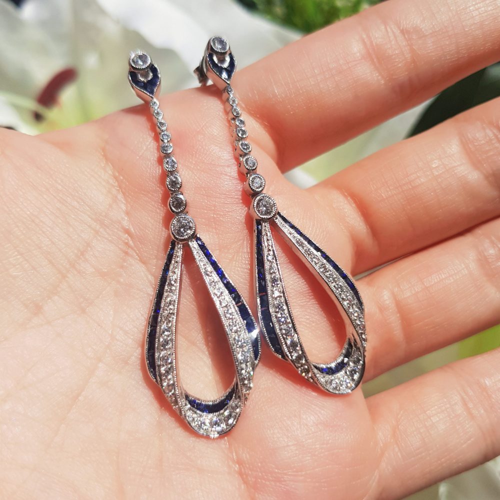 Contemporary Sapphire and Diamond Drop Earrings