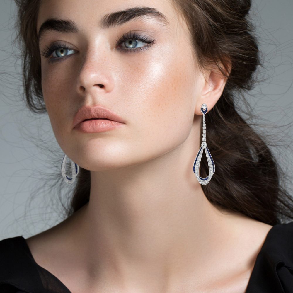 Contemporary Sapphire and Diamond Drop Earrings