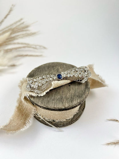 Antique Art Deco 3.4ct Old Cut Diamond and Sapphire Bow Brooch