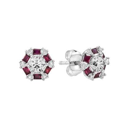 Contemporary Diamond and Ruby Cluster Earrings