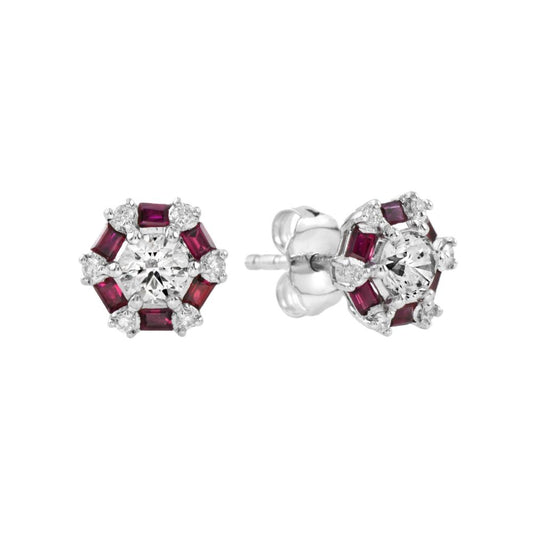 Contemporary Diamond and Ruby Cluster Earrings