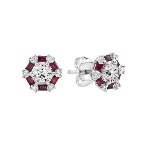 Contemporary Diamond and Ruby Cluster Earrings
