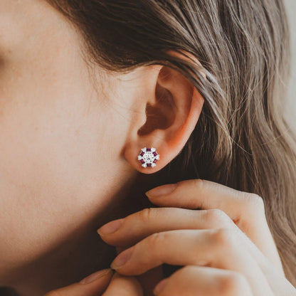 Contemporary Diamond and Ruby Cluster Earrings