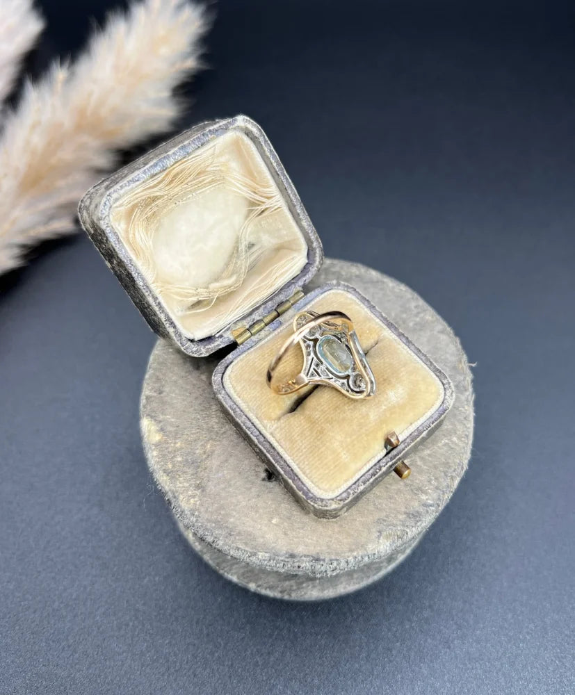 Antique Aquamarine And Diamond Three Stone Ring In 18 Carat Rose Gold And Platinum