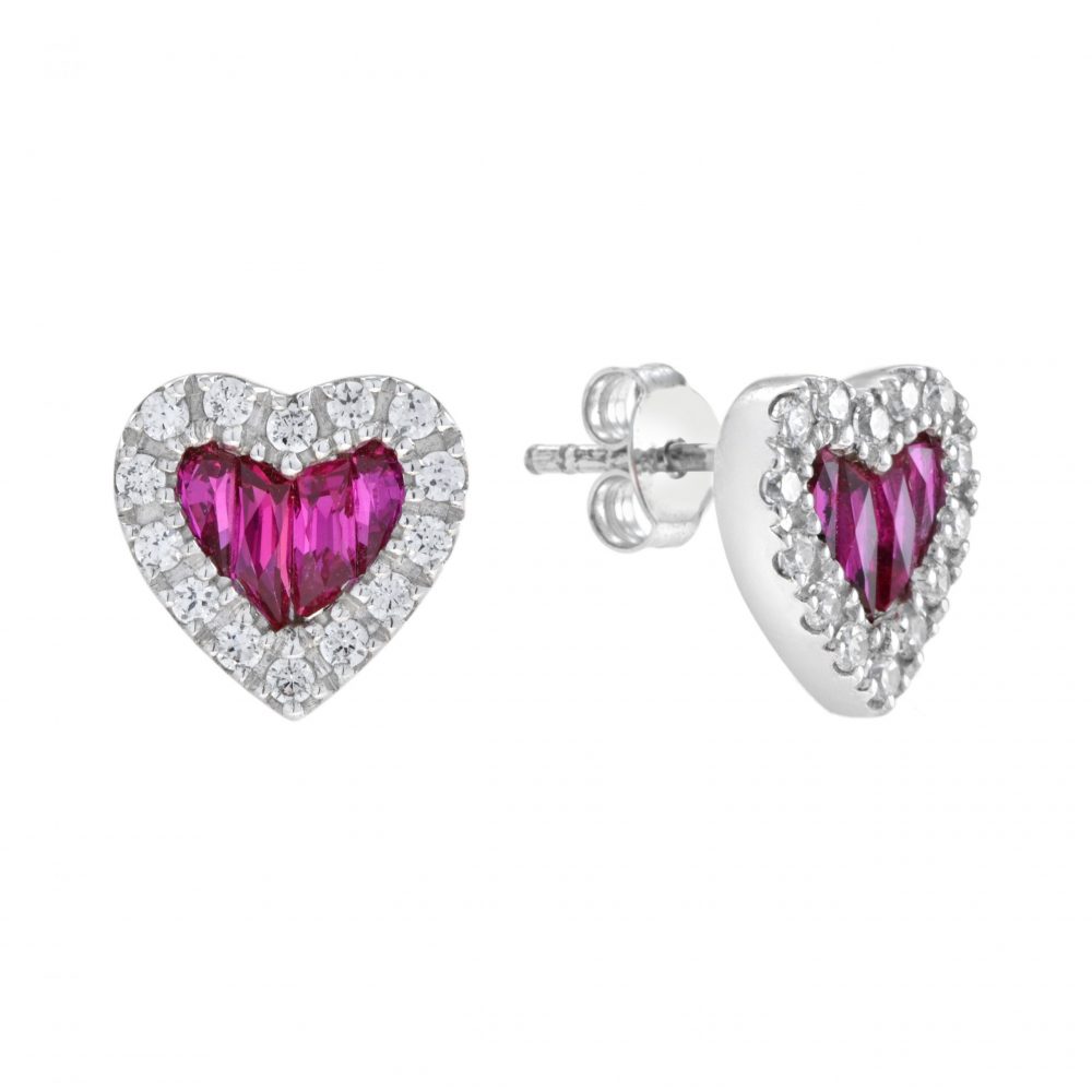 2.5ct Ruby and Diamond Heart Cluster Stud Earrings; featuring 2.50cts calibre French-cut rubies within a 0.42ct diamond surround arranged in a timeless heart shape in 14ct white gold