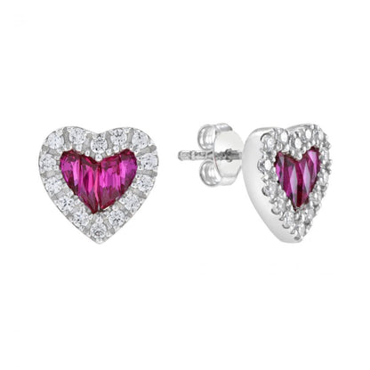 2.5ct Ruby and Diamond Heart Cluster Stud Earrings; featuring 2.50cts calibre French-cut rubies within a 0.42ct diamond surround arranged in a timeless heart shape in 14ct white gold