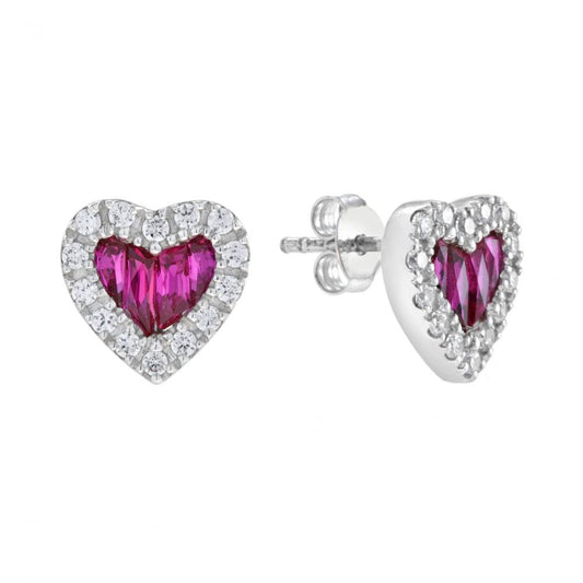 2.5ct Ruby and Diamond Heart Cluster Stud Earrings; featuring 2.50cts calibre French-cut rubies within a 0.42ct diamond surround arranged in a timeless heart shape in 14ct white gold