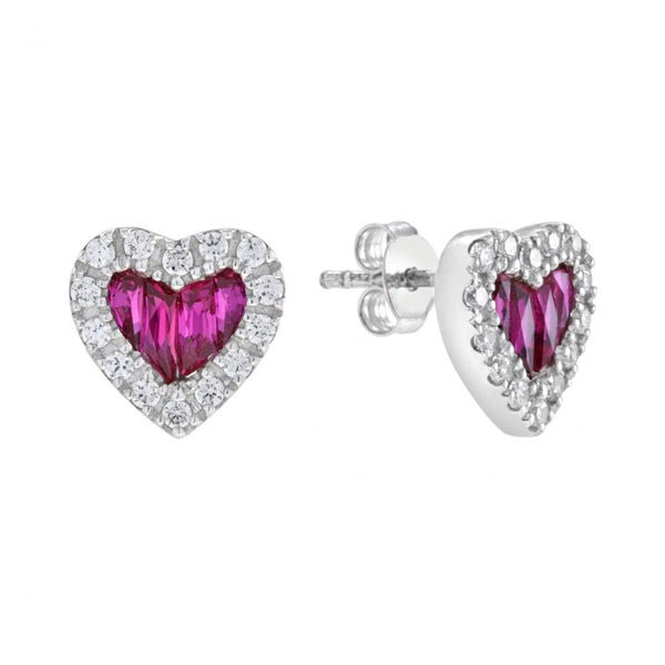 2.5ct Ruby and Diamond Heart Cluster Stud Earrings; featuring 2.50cts calibre French-cut rubies within a 0.42ct diamond surround arranged in a timeless heart shape in 14ct white gold