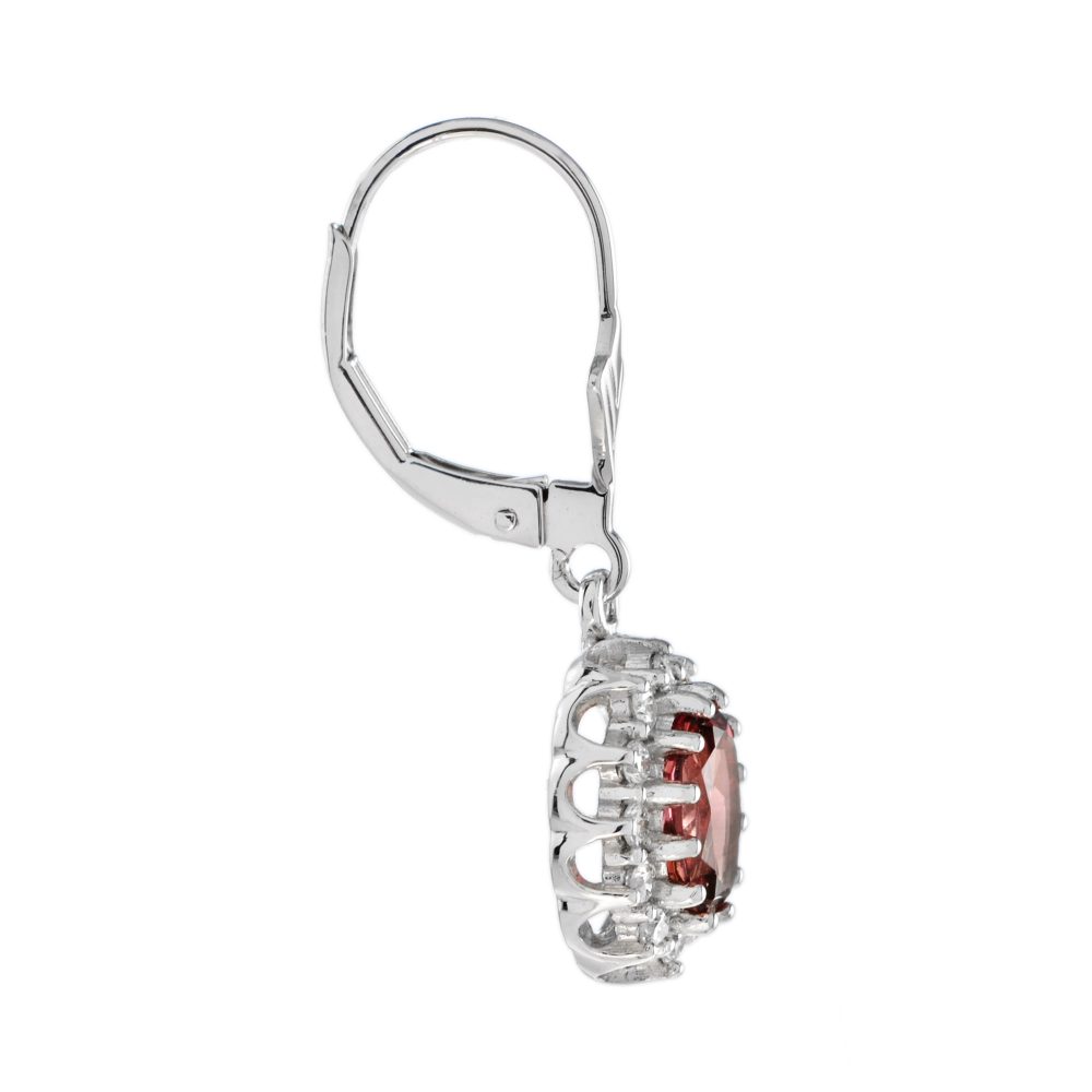 2ct Oval Pink Tourmaline and Diamond Cluster Drop Earrings in 18ct White Gold with Lever Back Fittings