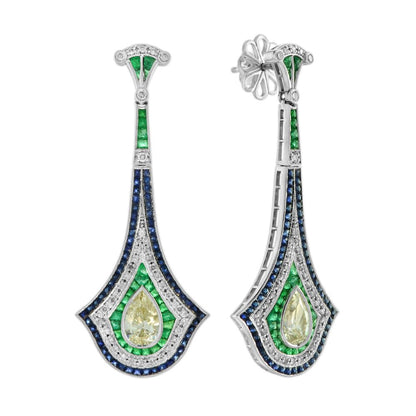 GIA 2ct Pear Shape Fancy Yellow Diamond Emerald Sapphire Drop Earrings in 18ct white gold