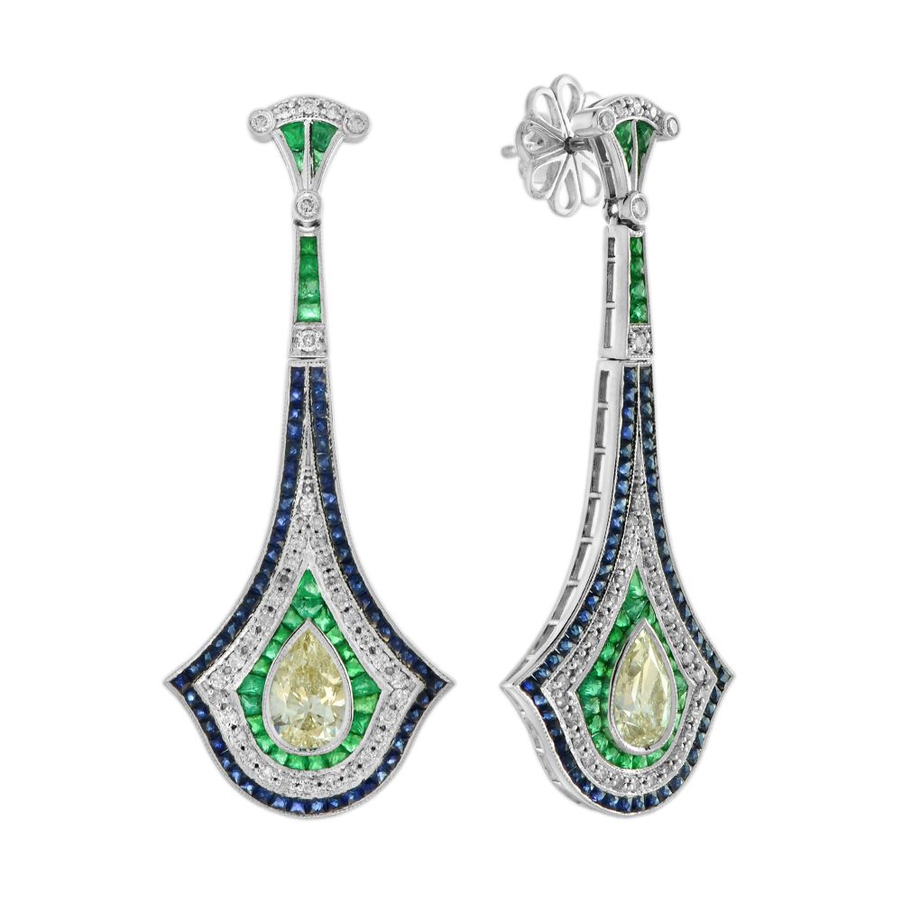 GIA 2ct Pear Shape Fancy Yellow Diamond Emerald Sapphire Drop Earrings in 18ct white gold