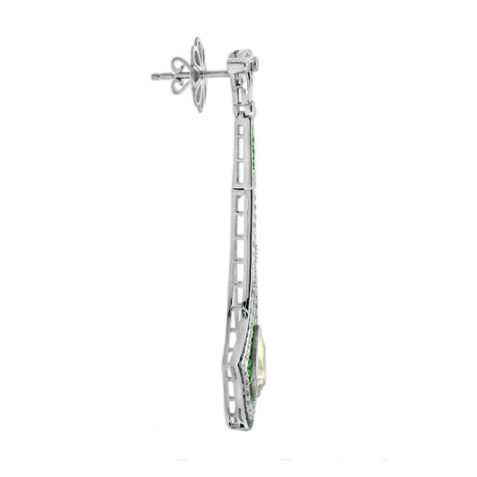 GIA 2ct Pear Shape Fancy Yellow Diamond Emerald Sapphire Drop Earrings in 18ct white gold