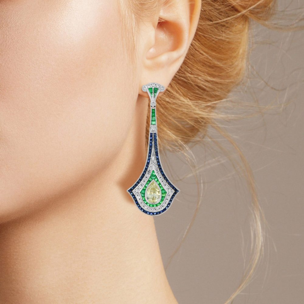 GIA 2ct Pear Shape Fancy Yellow Diamond Emerald Sapphire Drop Earrings in 18ct white gold