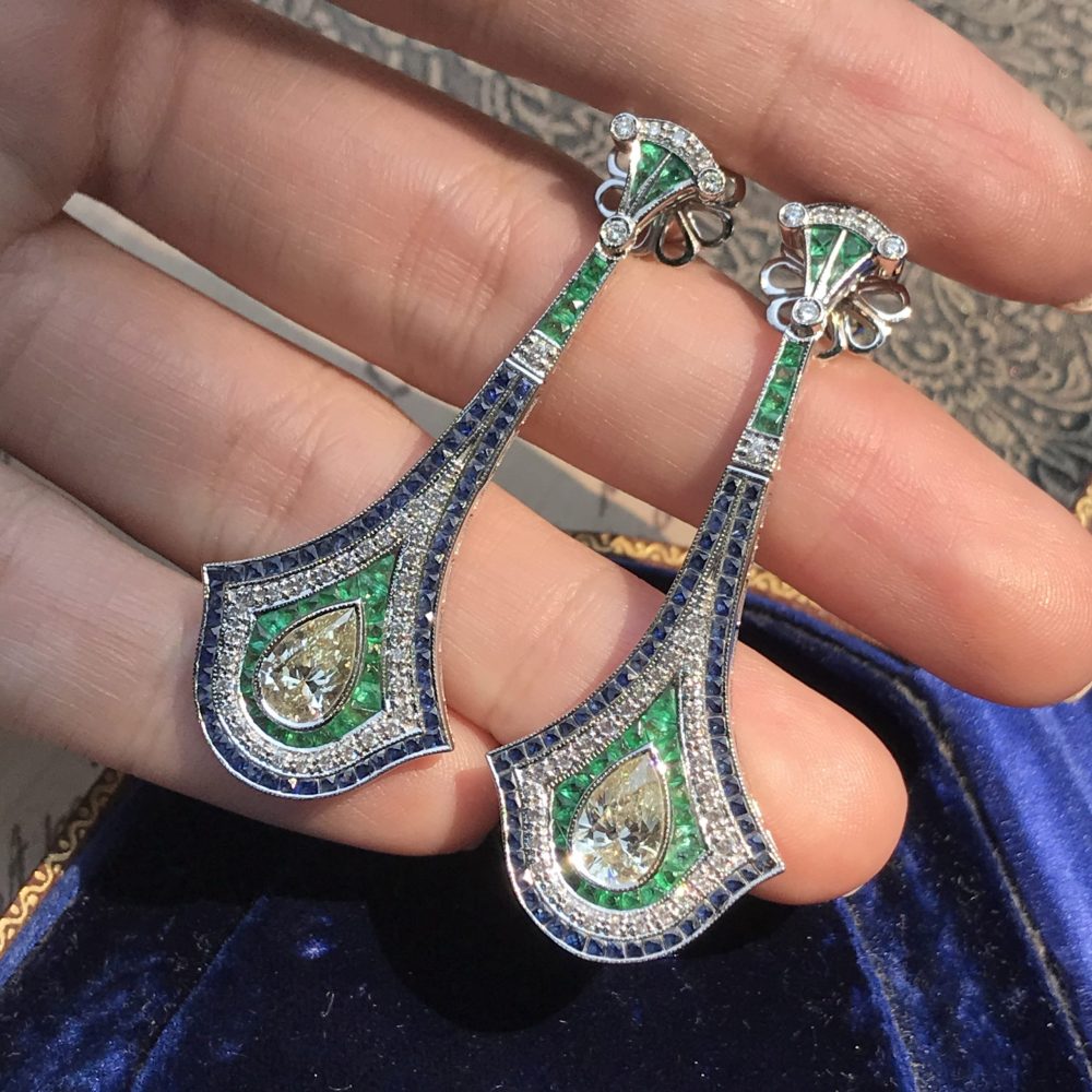 GIA 2ct Pear Shape Fancy Yellow Diamond Emerald Sapphire Drop Earrings in 18ct white gold