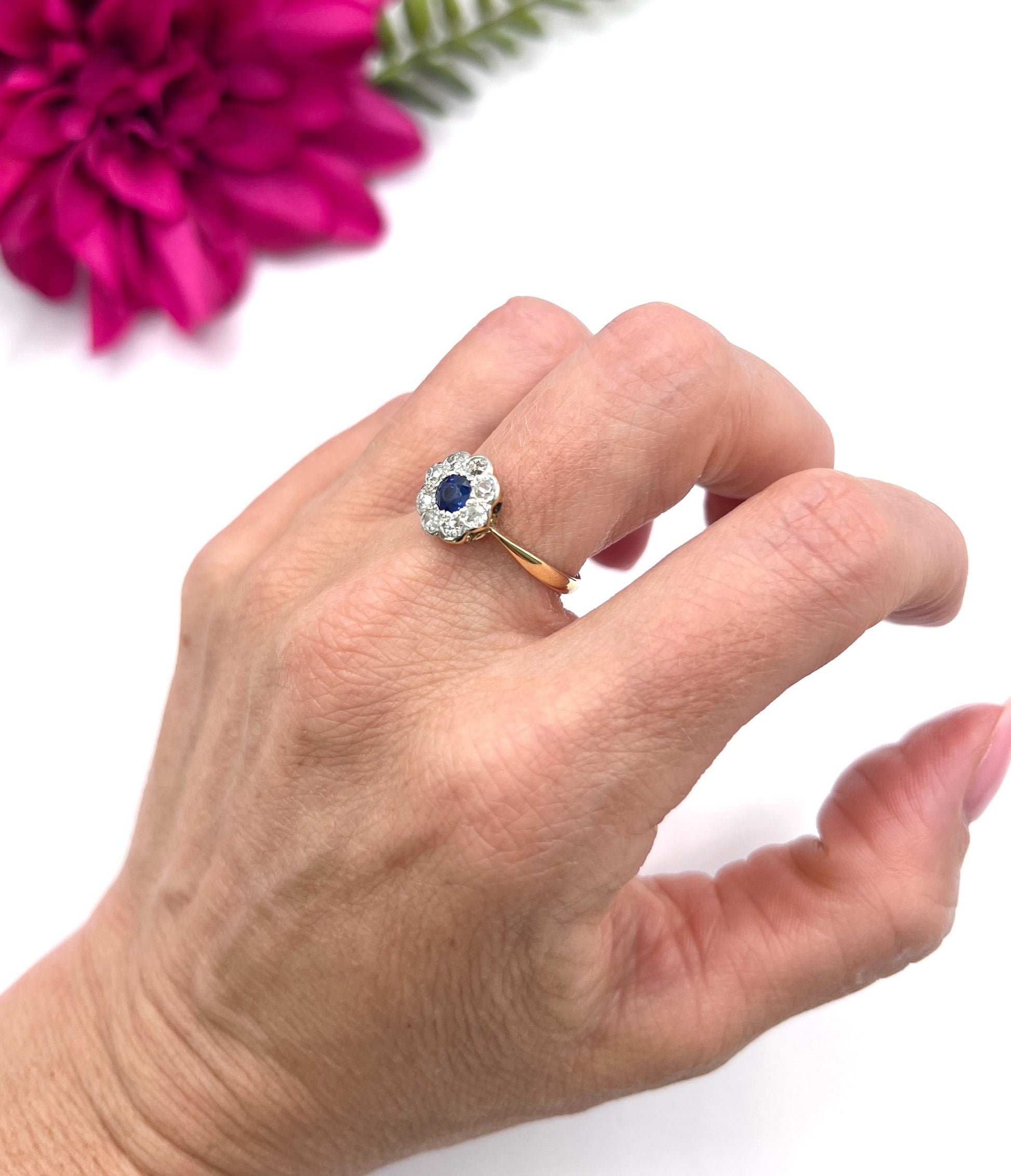 Antique 18 ct Yellow Gold And Platinum, Edwardian Sapphire And Diamond Daisy Cluster Ring